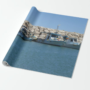 Papel De Regalo Barcos pesqueros mediterráneos en diseño de mar az