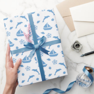 Papel De Regalo Barcos y delfines Patrón naumático Blanco azul