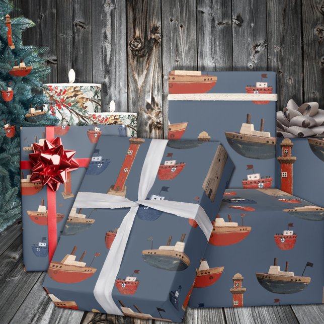 Papel De Regalo Barcos y faros de madera pintados (Painted Wooden Boats & Lighthouses Wrapping Paper in 6 & 15 foot long 30 inch wide rolls)