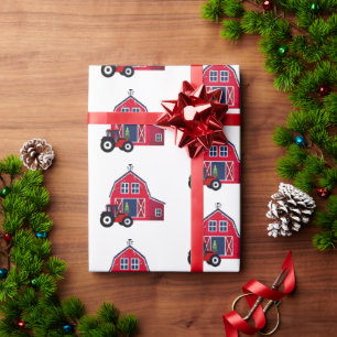 Papel De Regalo Barn de Navidades rojos con tractor
