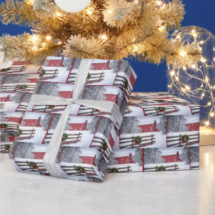 Papel De Regalo Barn de Navidades Rojos en Nieve