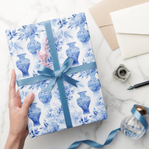 Papel De Regalo Barras de flores azules y blancas de Chinoiserie