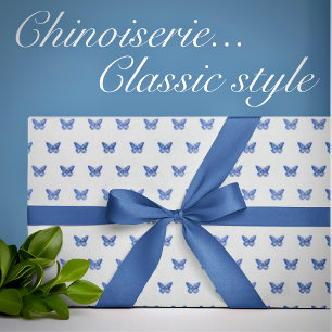 Papel De Regalo Barriadas de Chinoiserie Azul Mariposas Blancas