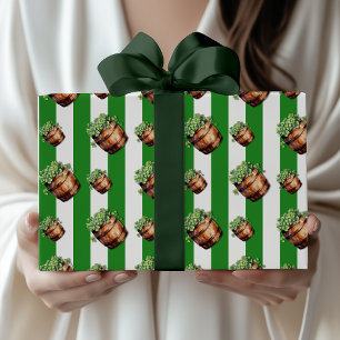 Papel De Regalo Barril de trébol a rayas vintage verde bosque