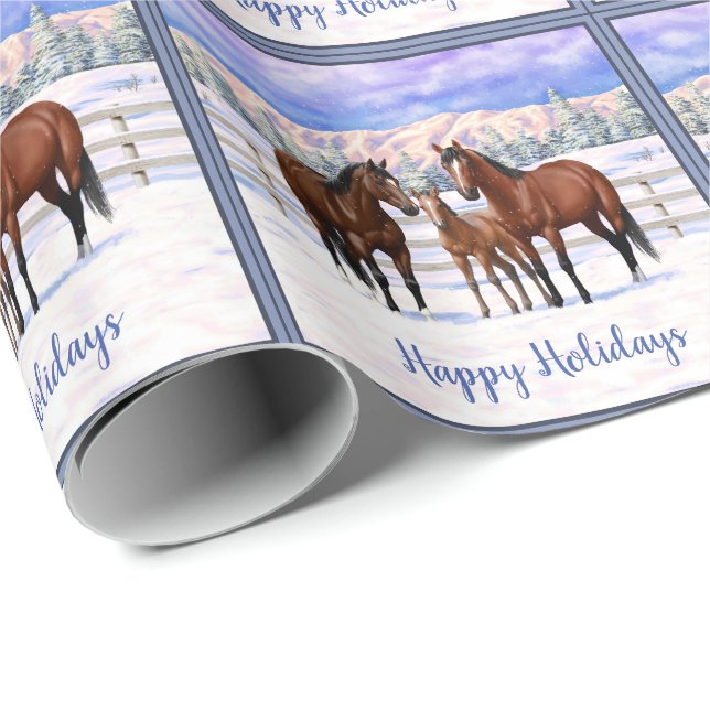 Papel De Regalo Barrio Marrón de caballos en Nieve (Esquina del rollo)
