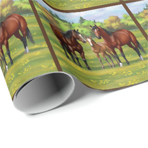 Papel De Regalo Barrio Marrón De Caballos En Pasto De Verano