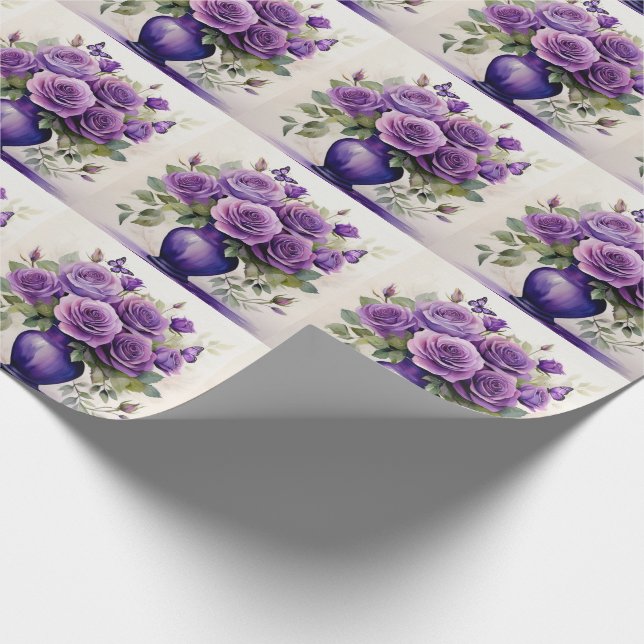 Papel De Regalo Base de Rosas morados con mariposas botánica (Esquina)
