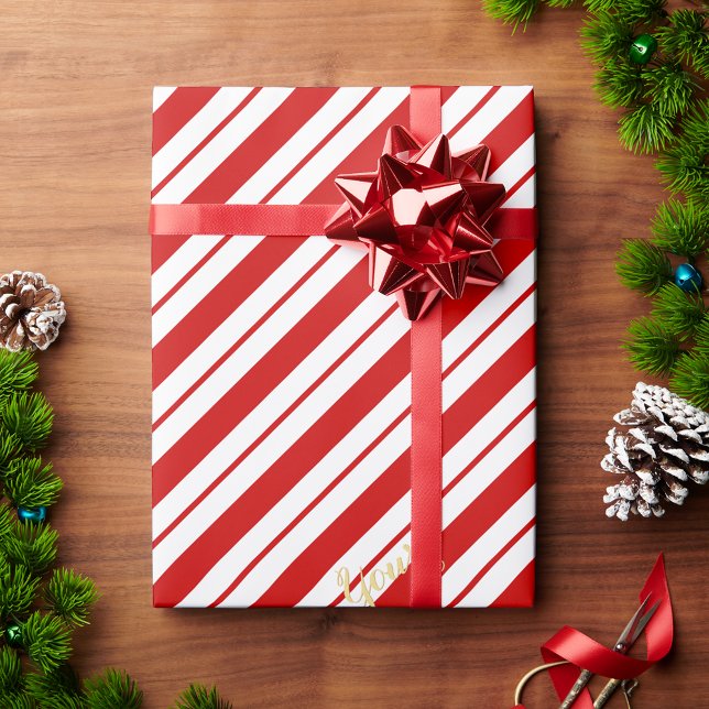 Papel De Regalo Bastones de Navidad Rojo Rayas Texto Dorado Person (Christmas Candy Cane Red Stripes Custom Gold Text Wrapping Paper)