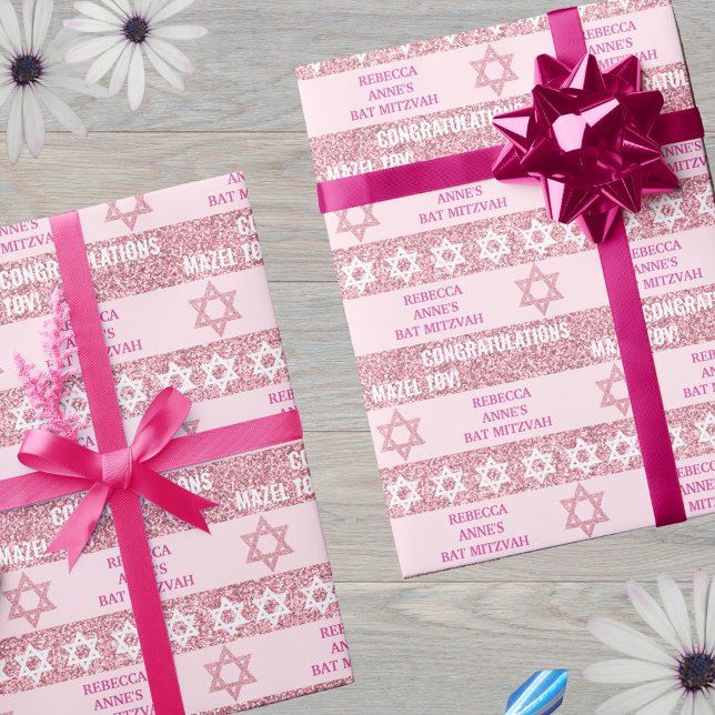 Papel De Regalo Bat Mitzvah, Chica judío personalizado de Glam Pin (This pink faux glitter wrapping paper is easy to personalize for the Bat Mitzvah girl)