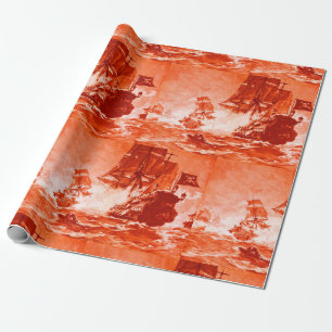 PAPEL DE REGALO BATALLA DE BARCO PIRATA EN ROJO