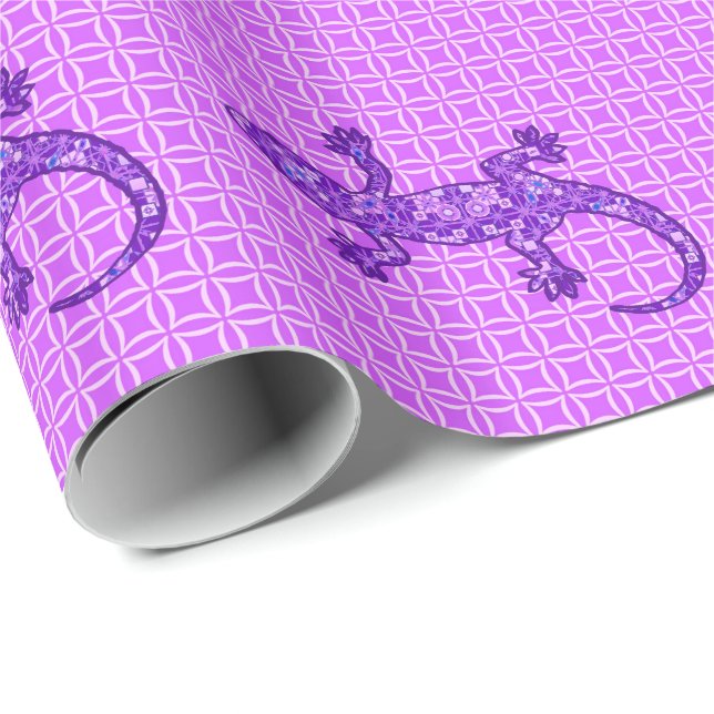 Papel De Regalo batik tribal Gecko - violeta y amatista morado (Esquina del rollo)