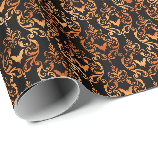 Papel De Regalo Bats Damask Spooky Copper Black Halloween Pattern (Esquina del rollo)