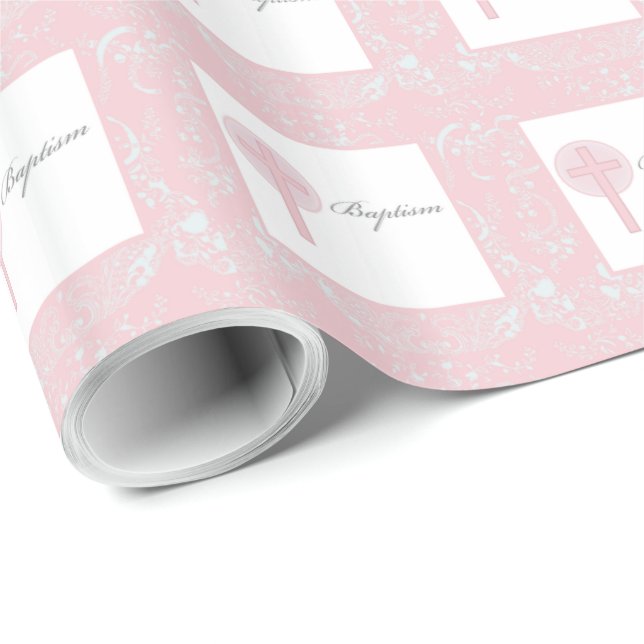 Papel De Regalo Bautismo Chica de encaje rosado (Esquina del rollo)