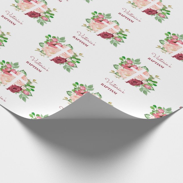 Papel De Regalo Bautismo floral rosa acuarela (Esquina)