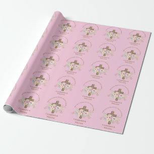 Papel De Regalo Bautismo personalizado y cruz floral cristiana