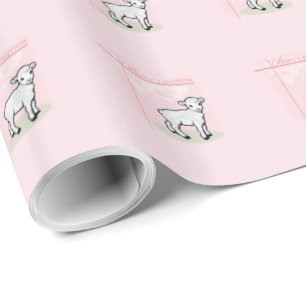 Papel De Regalo Bautismo, Rosa, Niña, Cordero