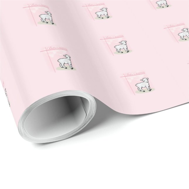 Papel De Regalo Bautismo, Rosa, Niña, Cordero (Esquina del rollo)