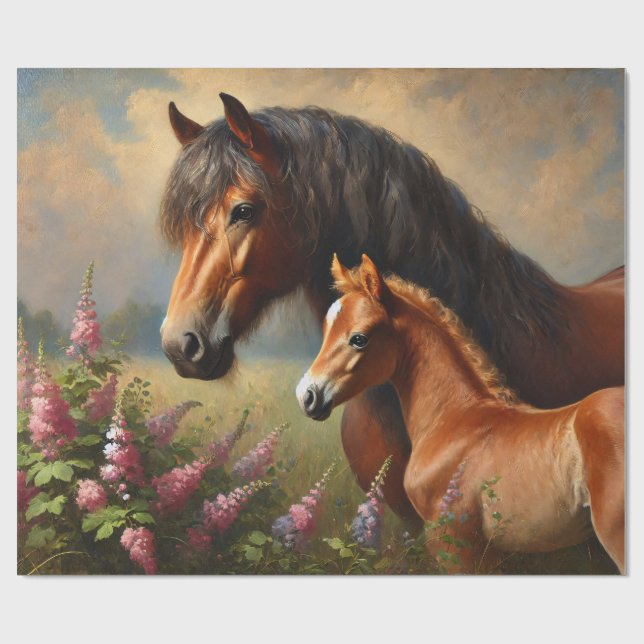 Papel De Regalo Bay Mare con pintura de Foal Wildflowers (Superficie plana)