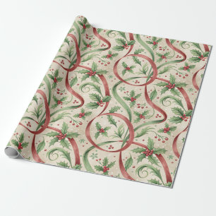 Papel De Regalo Bayas de Acebo Cintas Rojas y Verdes Navidad