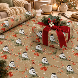 Papel De Regalo Bayas de Ilex Rojas de Carbonero de Gorra Negra de