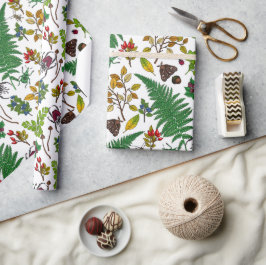 Papel De Regalo Bayas forestales, hojas e insectos en blanco