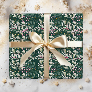 Papel De Regalo Bayas y Follaje de Holly Rosado sobre Verde Oscuro