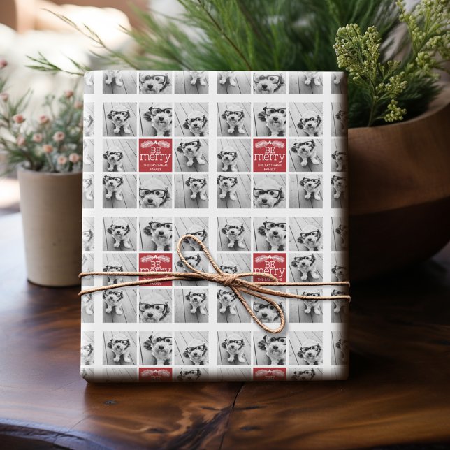 Papel De Regalo Be Merry Christmas Collotos con blanco rojo (Personalized Photo Wrapping Paper)