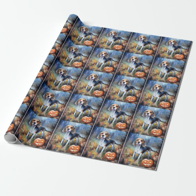 Papel De Regalo Beagle de Halloween con calabazas aterradoras (Desenrollado)