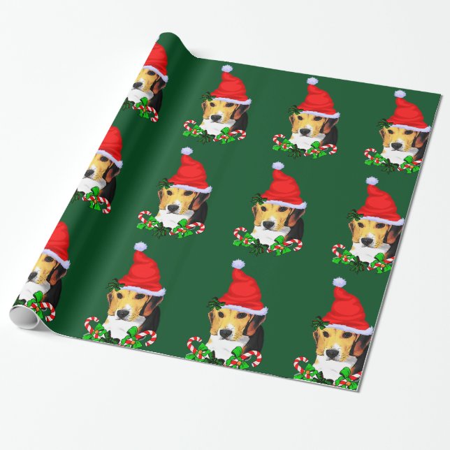 Papel De Regalo Beagle en Navidades de Santa Hat (Desenrollado)