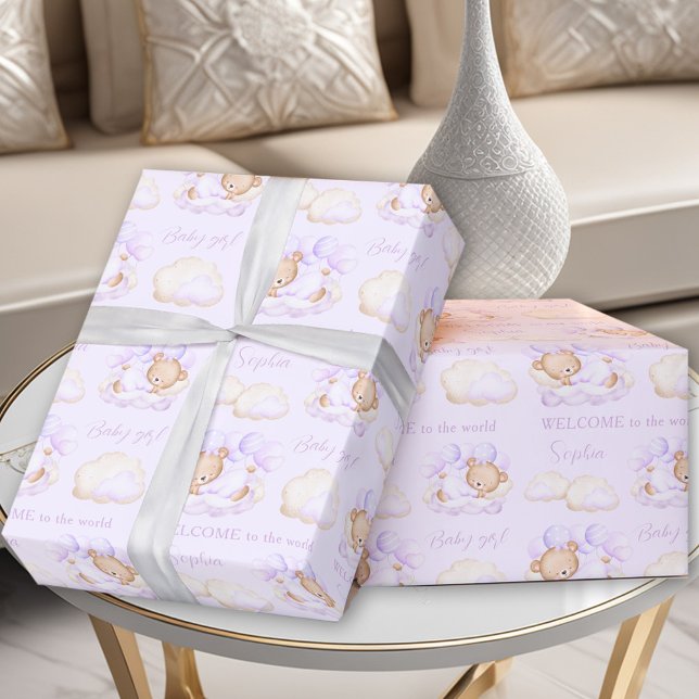 Papel De Regalo Bear Bear Lavanda Púrpura Recién Nacida Niña Nombr (Baby Bear Purple Lavender Newborn Baby Girl Name Wrapping Paper)