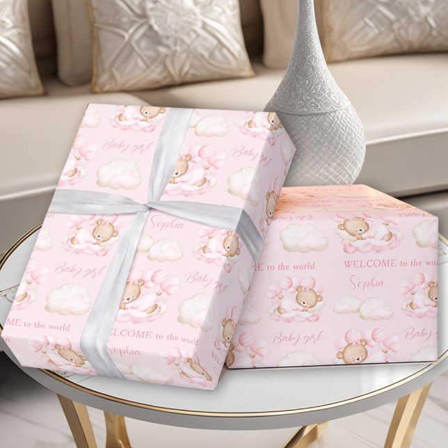 Papel De Regalo Bear Bear Pink Recién Nacida Nacida (Baby Bear Pink Newborn Baby Girl Name Wrapping Paper)