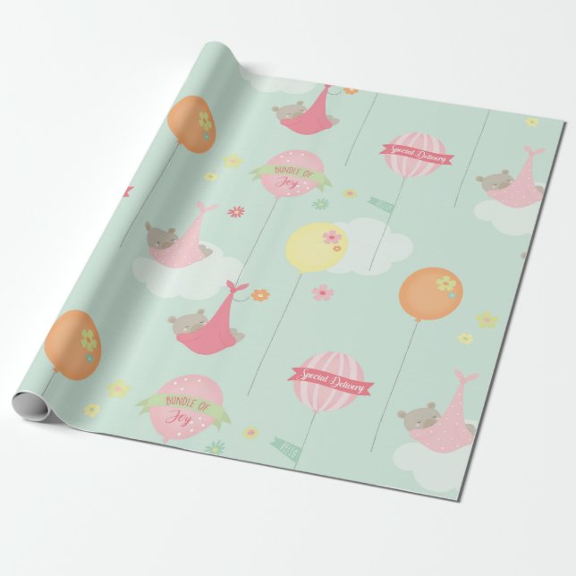 Papel De Regalo Bears Sweet Balloons Baby Girl (Desenrollado)