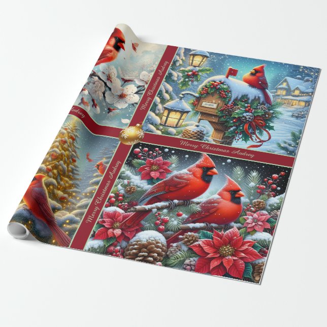 Papel De Regalo Beautiful Red Winter Cardinals Wrapping Paper (Desenrollado)