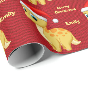 Papel De Regalo Bebé amarillo lindo Dinosour con el gorra de Santa