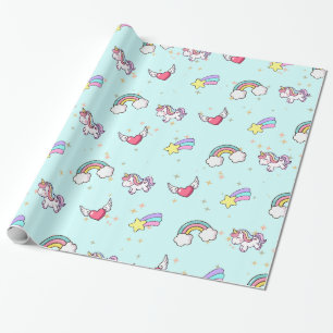 Papel De Regalo Bebé Azul Unicornio de Arcoíris Mágico Estrella Li