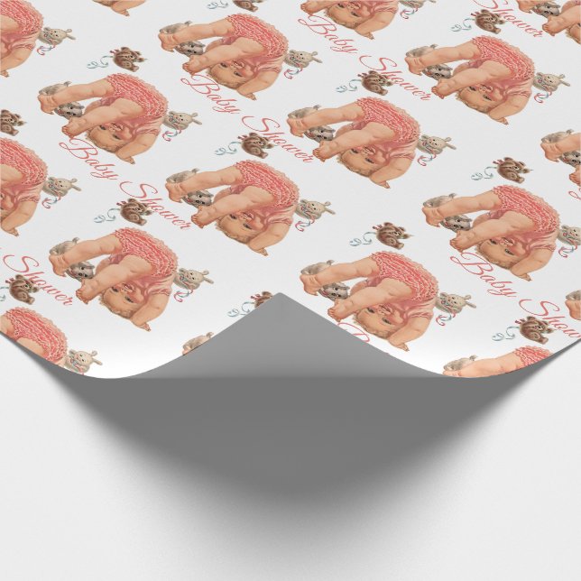 Papel De Regalo Bebé Baby Shower Bebé Chica Rosada Desnuda oso (Esquina)