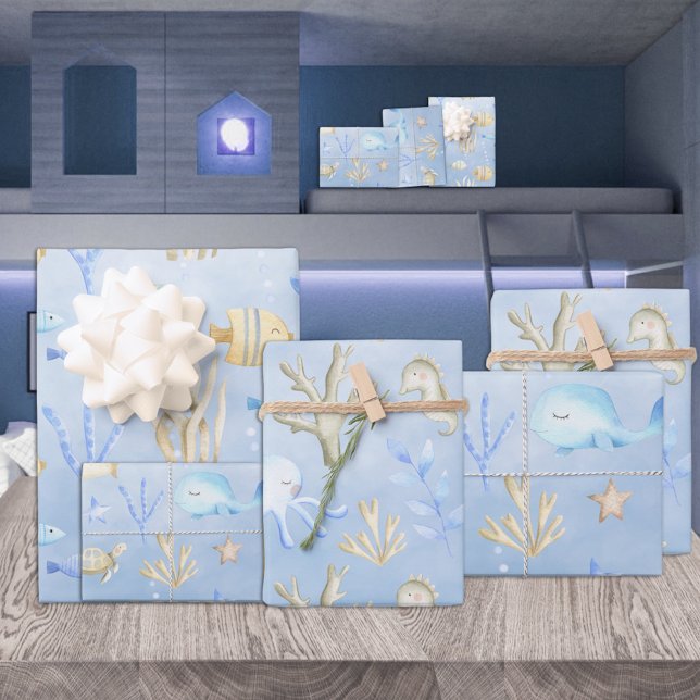 Papel De Regalo Bebé ballena azul y ballena bajo el mar (Subido por el creador)
