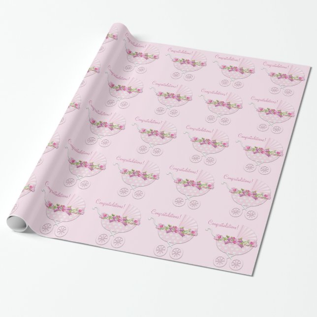 Papel De Regalo Bebé de transporte rosa (Desenrollado)