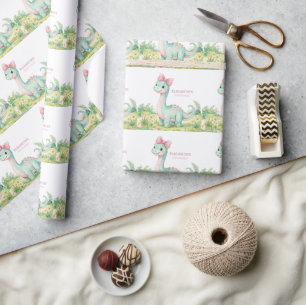 Papel De Regalo Bebé Dinosaurio Adorable con Lazo Rosa: Fiesta de 