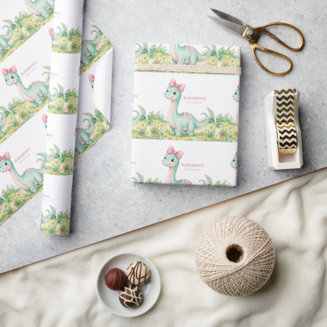 Papel De Regalo Bebé Dinosaurio Adorable con Lazo Rosa: Fiesta de  (Artesanía)