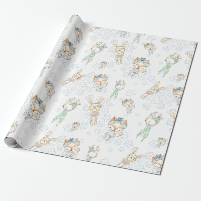 Papel De Regalo Bebé dulce Woodland Forest Animals Fox Bunny (Desenrollado)