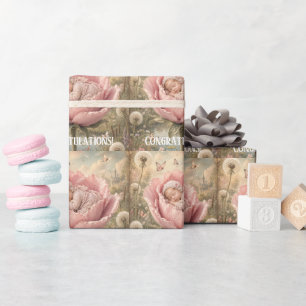 Papel De Regalo Bebé durmiendo en flor rosa Felicidades