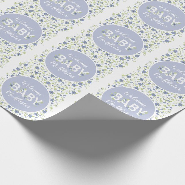 Papel De Regalo Bebé en el niño de flores azules de invierno (Esquina)