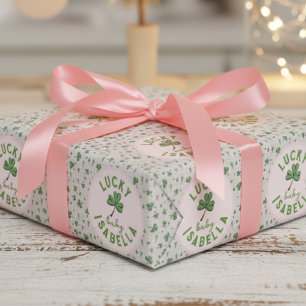 Papel De Regalo Bebé irlandés afortunado rosa y trébol verde adora