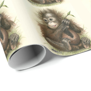 Papel De Regalo Bebé Orangután Con Hojas