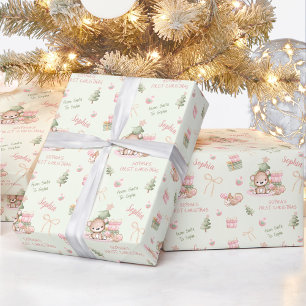 Papel De Regalo Bebé Oso Típico Chica Nombre Verde Rosa Navidades 