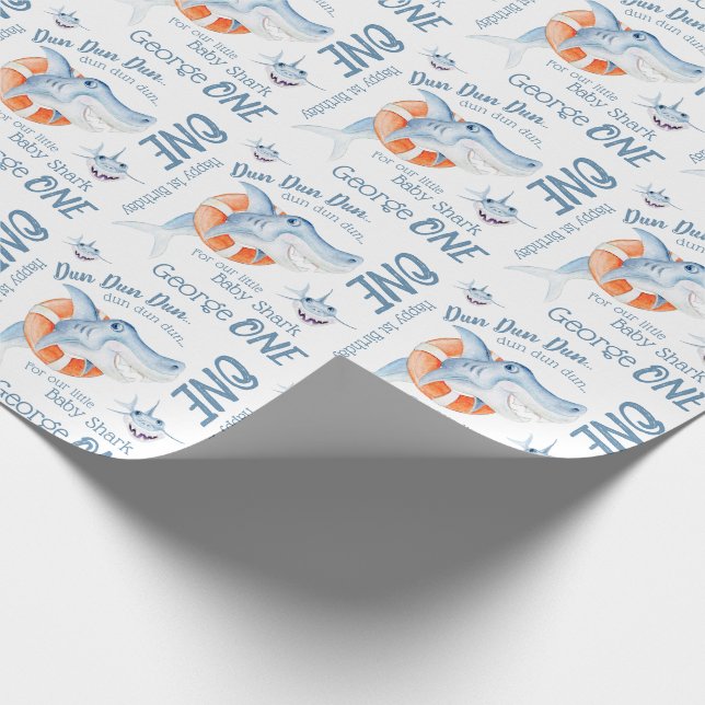 Papel De Regalo Bebé tiburón personalizado de primer cumpleaños ar (Esquina)