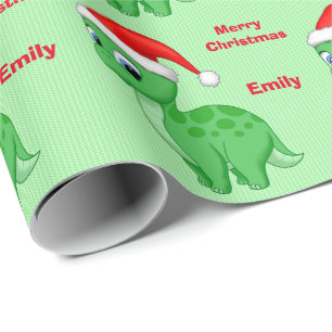 Papel De Regalo Bebé verde lindo Dinosour con el gorra de Santa