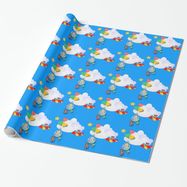 Papel De Regalo Bebé y globos y oso en un aeroplano (Desenrollado)