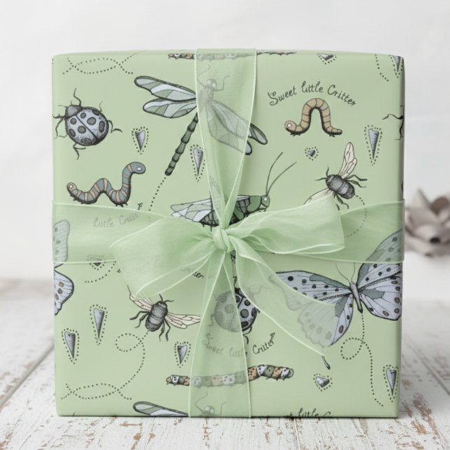 Papel De Regalo Bebés de bebé de pasto azul y verde suave (Green Bug and Beetle Insect Boy Baby Shower or Kids Birthday Wrapping Paper. Dragonfly, Butterfly)